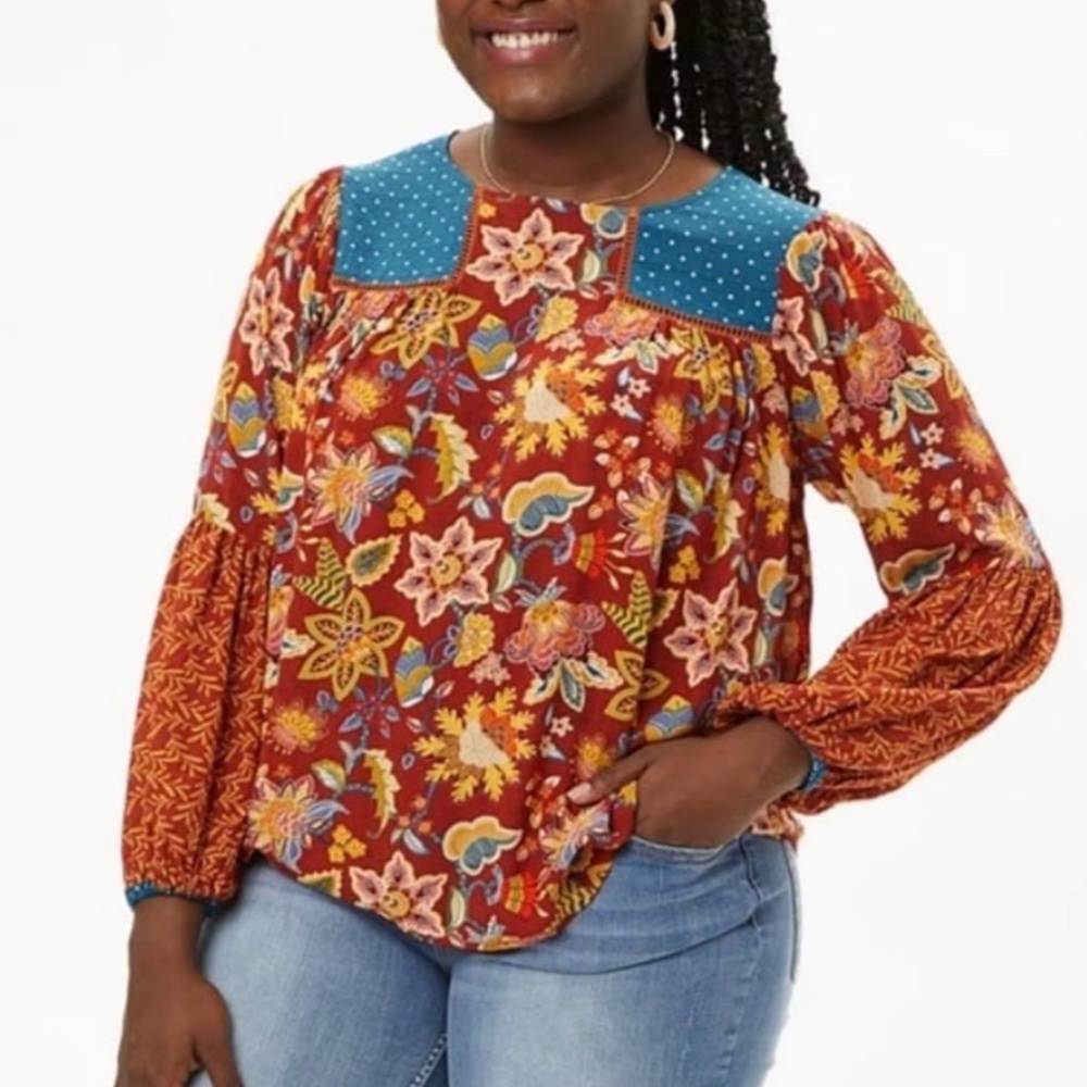Matilda Jane Heart To Heart Mixed Print Garden Mums/Polka Dot Top